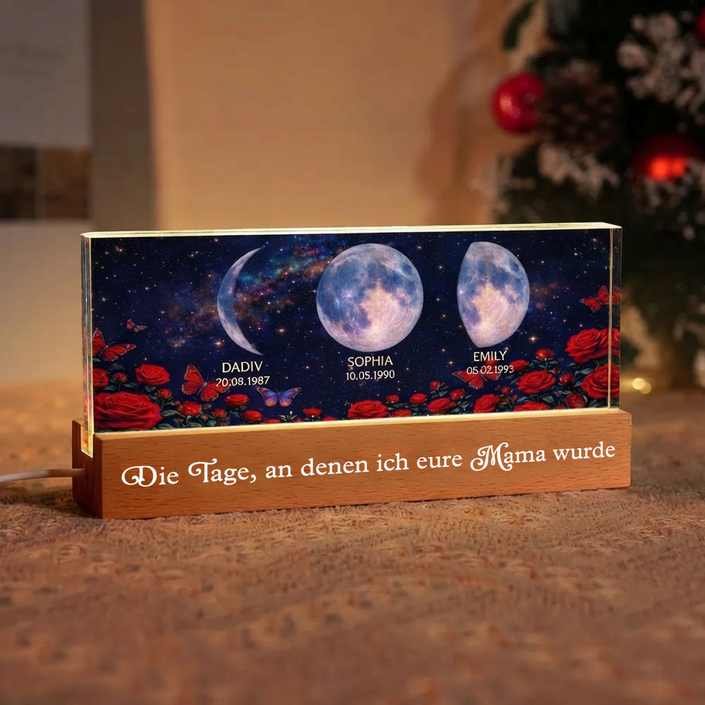 Rosen und Mondphasen- Personalisiertes LED Nachtlicht mit Text und Mondpahsen Geschenk für Mama und Oma