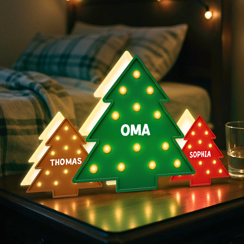 Personalisierte LED-Lichtbox – Weihnachtsbäume mit Namen
