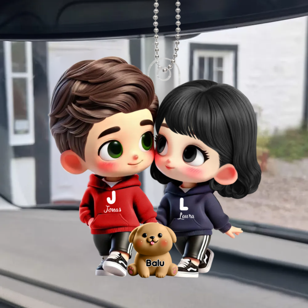 Cartoon-Paar mit Haustieren- Personalisierter Autoanhänger Geschenk für Paar