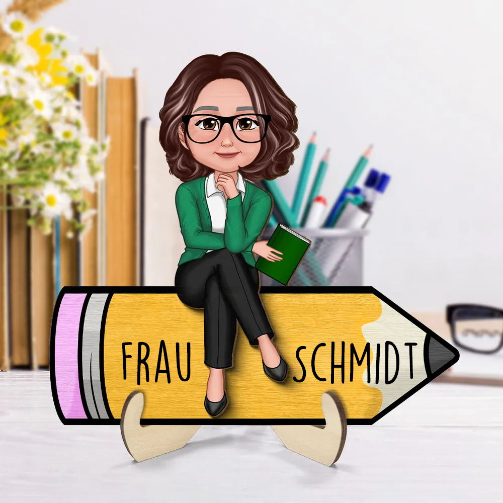 Puppenlehrer/-in auf Bleistift sitzend Personalisierte Holzplakette, Bürodekoration für Lehrer
