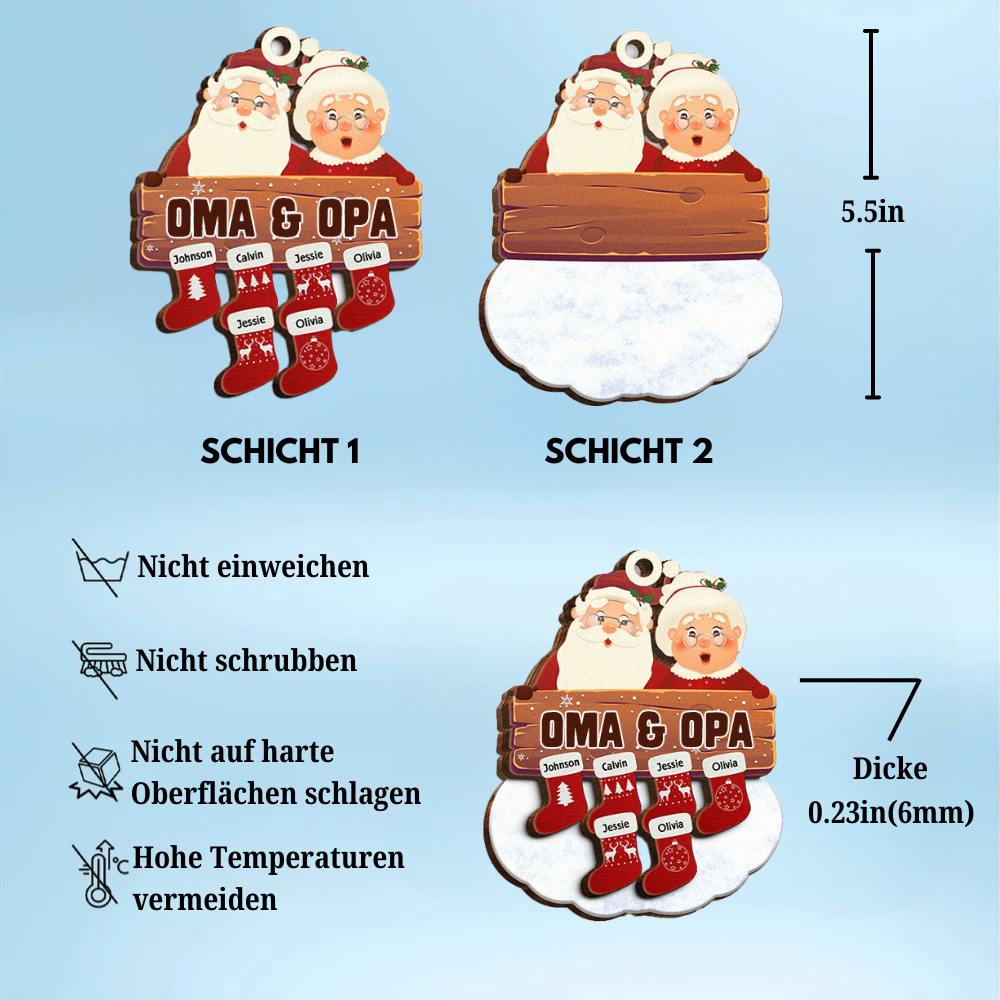 Personalisierter Weihnachtsanhänger – Weihnachtsmann und Oma mit anpassbaren Namen auf Weihnachtsstrümpfen