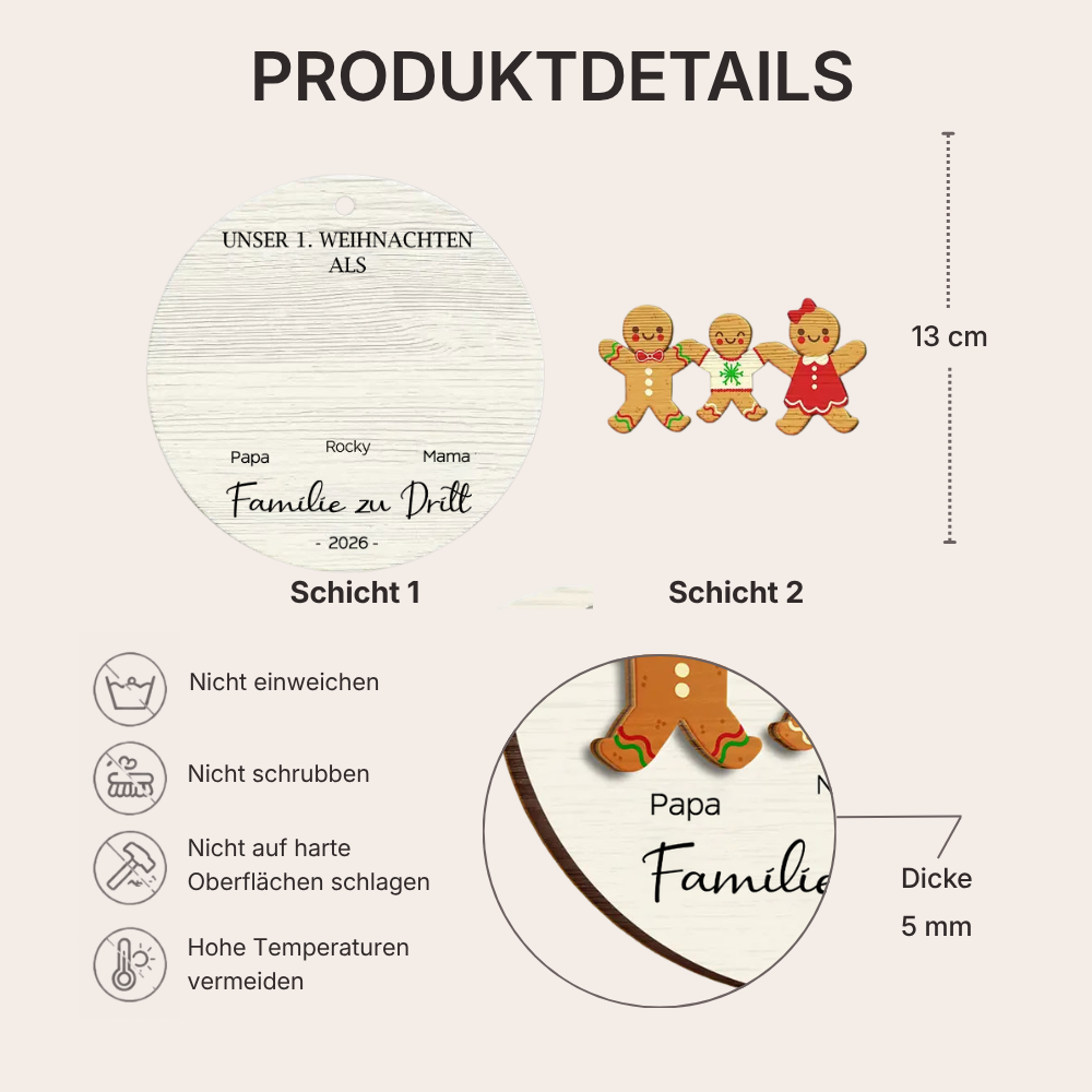 Personalisierter Holz-Weihnachtsanhänger – Erstes Weihnachten, Lebkuchenmann-Motiv