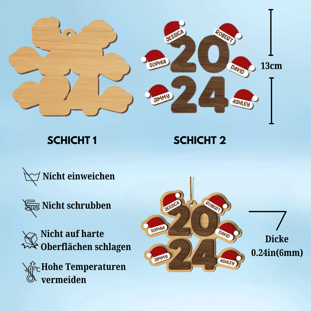 Personalisierter Weihnachtsanhänger 2024 mit Namen und Weihnachtsmützen