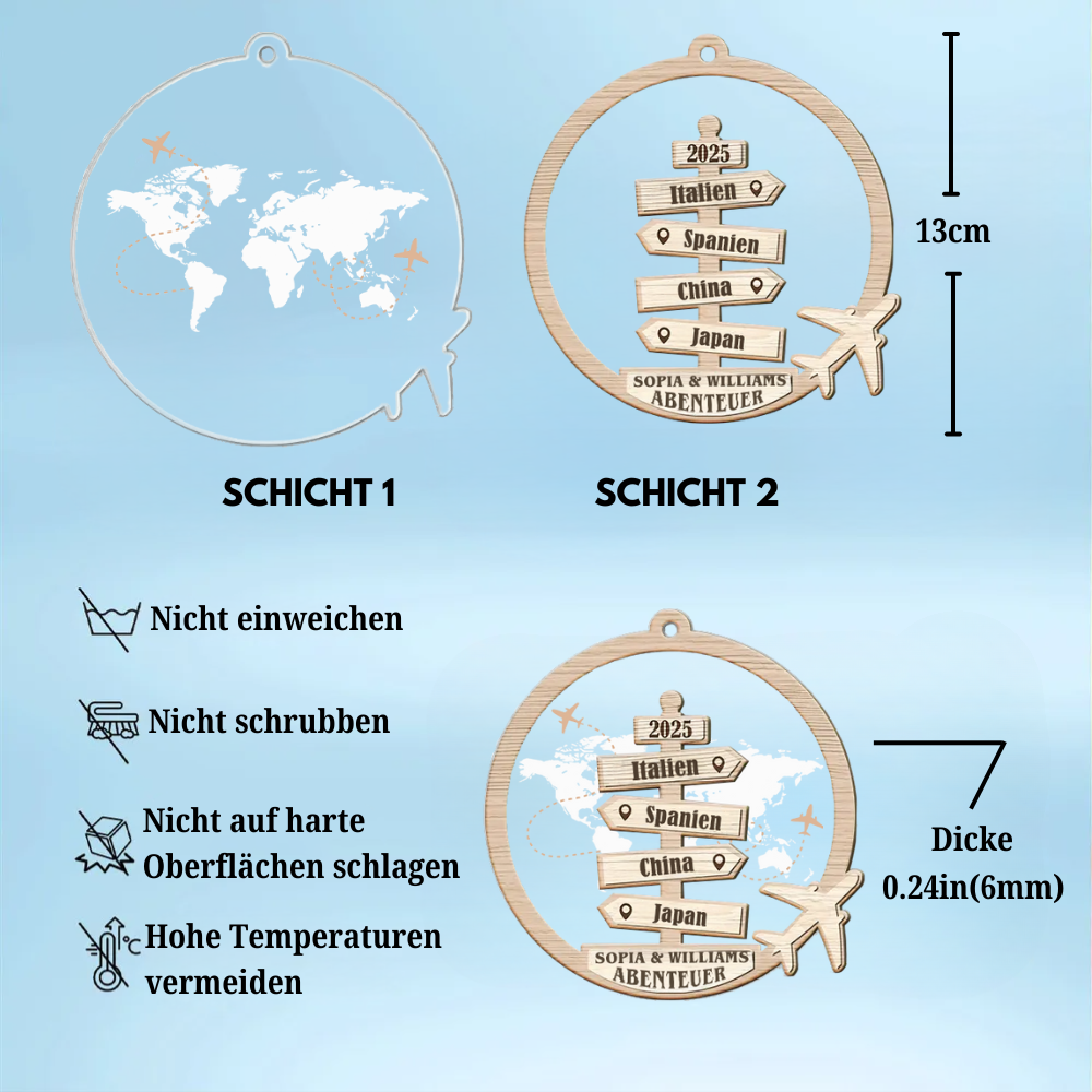 Personalisierter 2-Schicht Anhänger aus Holz & Acryl – Christbaumschmuck für Reiseliebhaber