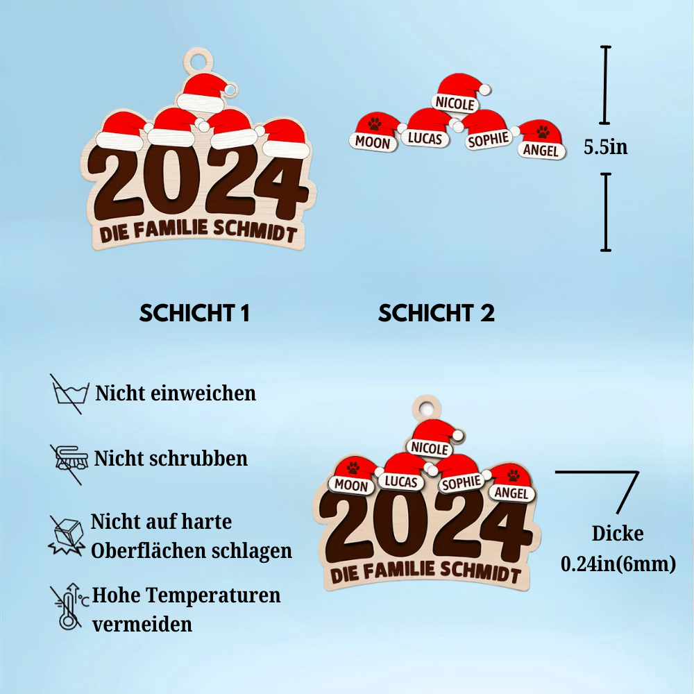 Personalisierter Weihnachtsanhänger 2024 – Familiennamen und Haustiere