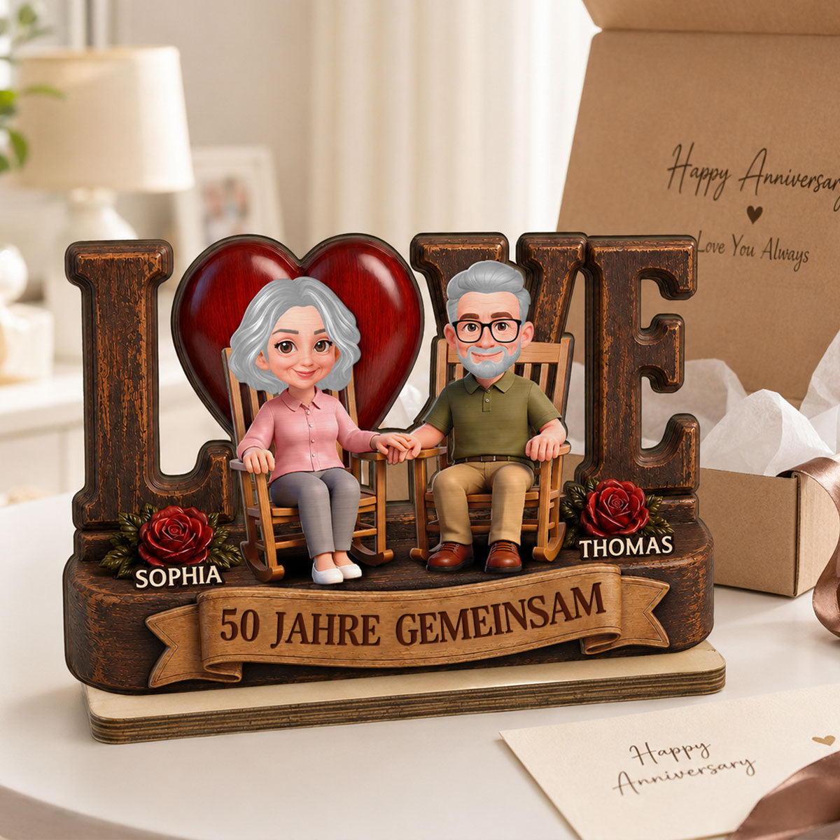 Personalisierter Holzaufsteller für Paare mit LOVE-Motiv und Wunschjahr Geschenk zum Jahrestag