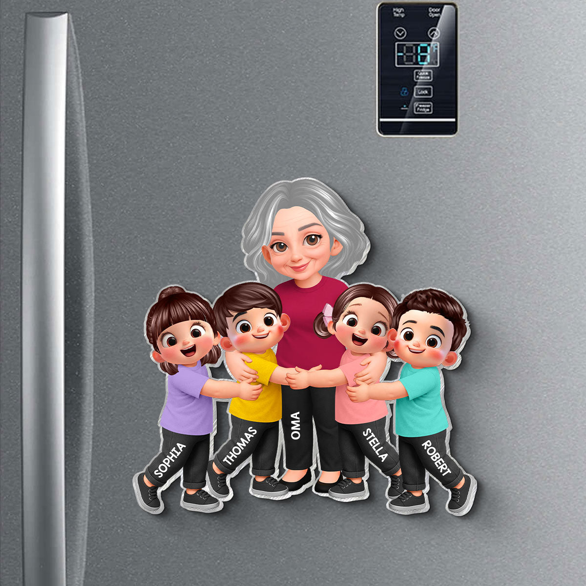 "Oma und Enkelkinder" Acryl-Kühlschrankmagnet mit Figuren und Namen