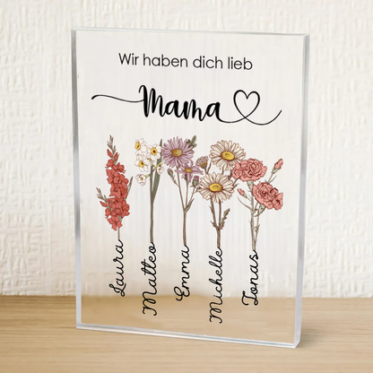 Personalisierter Acrylblock mit Geburtsblumen, Namen und Text Geschenk für Oma und Mama