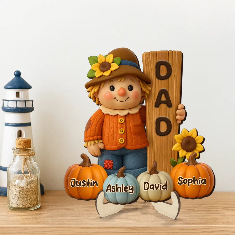 Niedliche Vogelscheuche und Kürbisse - Holztafel mit Namen - Geschenk für Oma