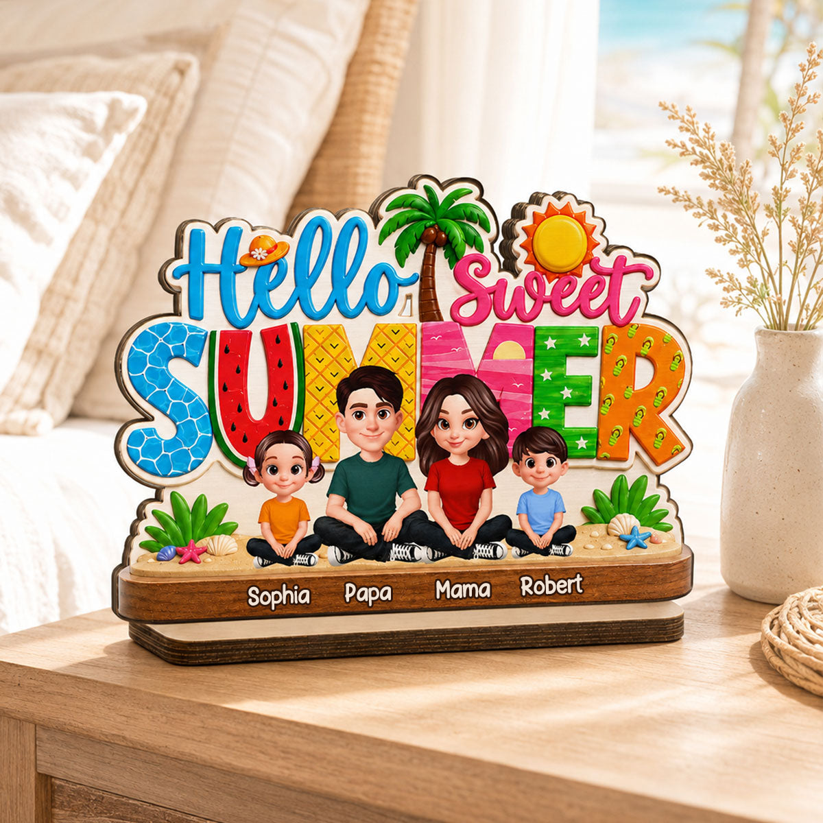 Hello Summer-Personalisierter Holzaufsteller mit Familien im Sommermotiv