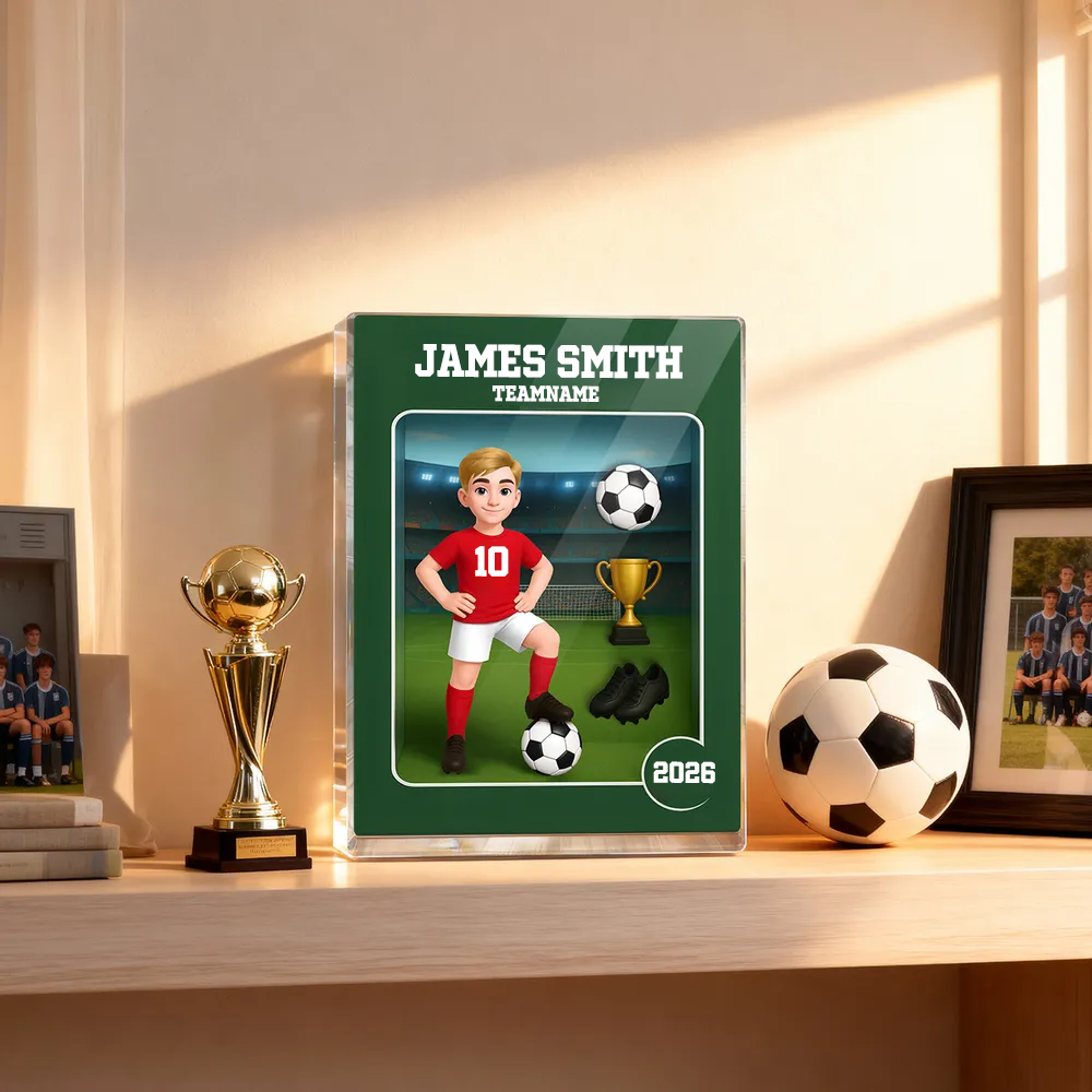 Personalisierter Acrylblock mit Fußballjunge und Fußballmädchen Geschenk für Kind