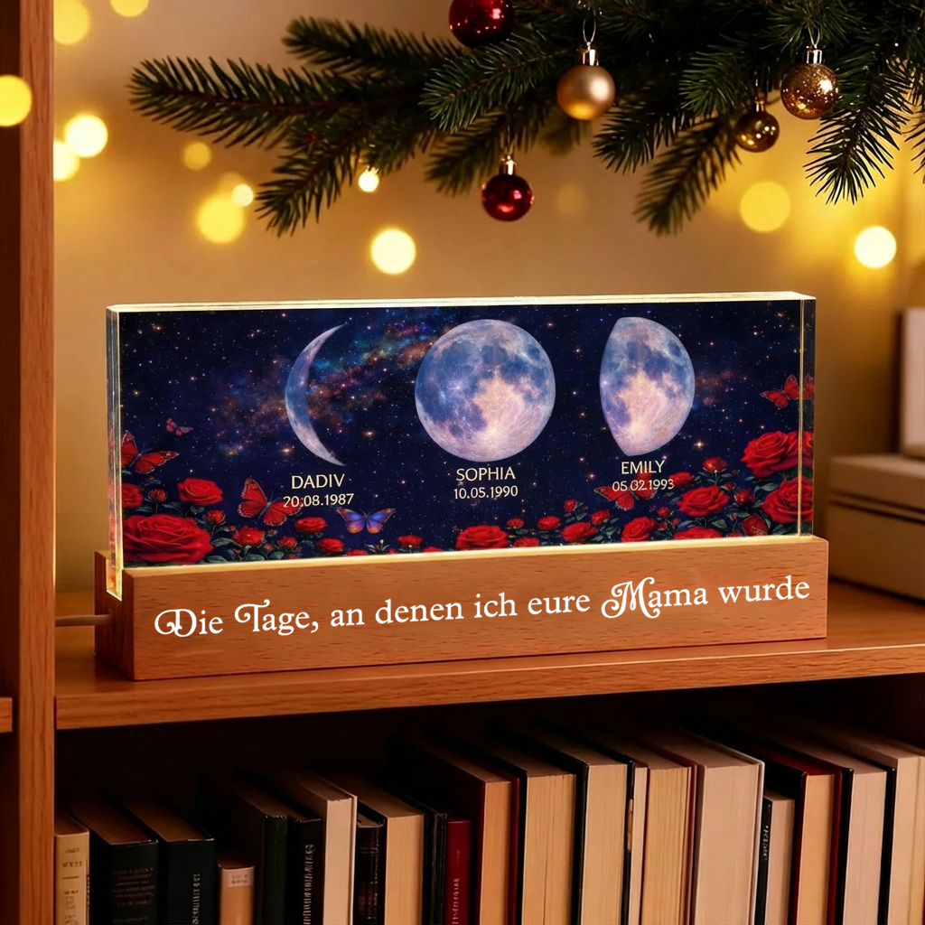 Rosen und Mondphasen- Personalisiertes LED Nachtlicht mit Text und Mondpahsen Geschenk für Mama und Oma