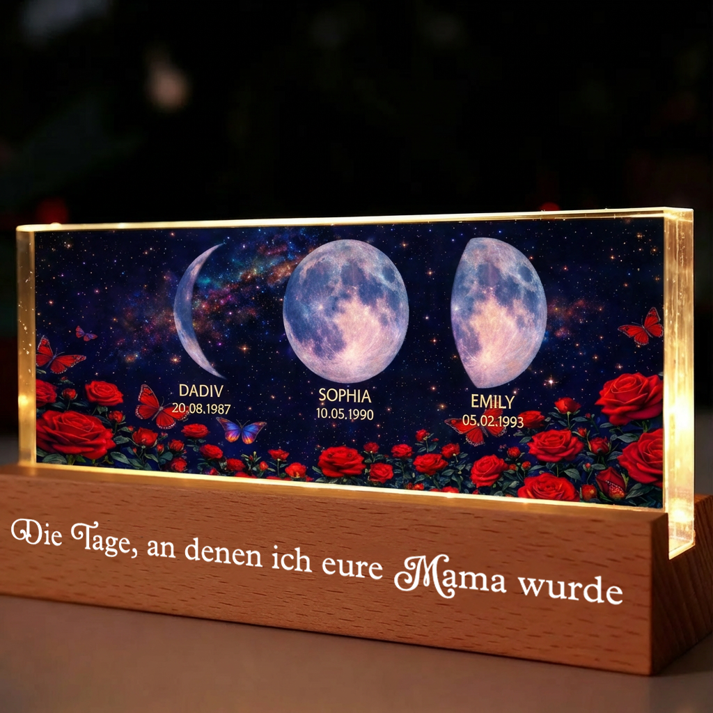 Rosen und Mondphasen- Personalisiertes LED Nachtlicht mit Text und Mondpahsen Geschenk für Mama und Oma