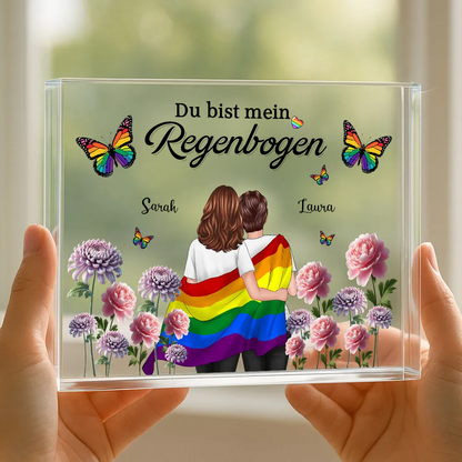 Personalisierte Acryltafel mit Regenbogenmotiv und 2 Figuren bedruckt Geschenk für LGBT Paare