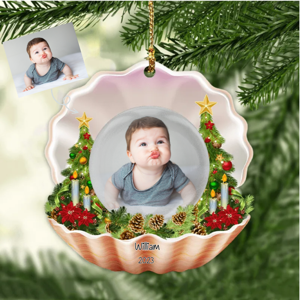 Baby Foto Muschel-Kristallkugel Weihnachtsschmuck mit Name Acylschmuck