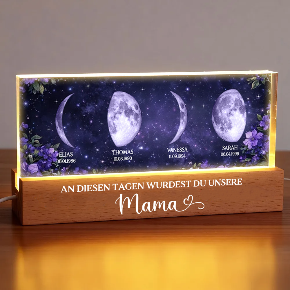 Lila Blumen - Personalisiertes LED-Nachtlicht mit Mondphasen und Text Geschenk für Mama und Oma