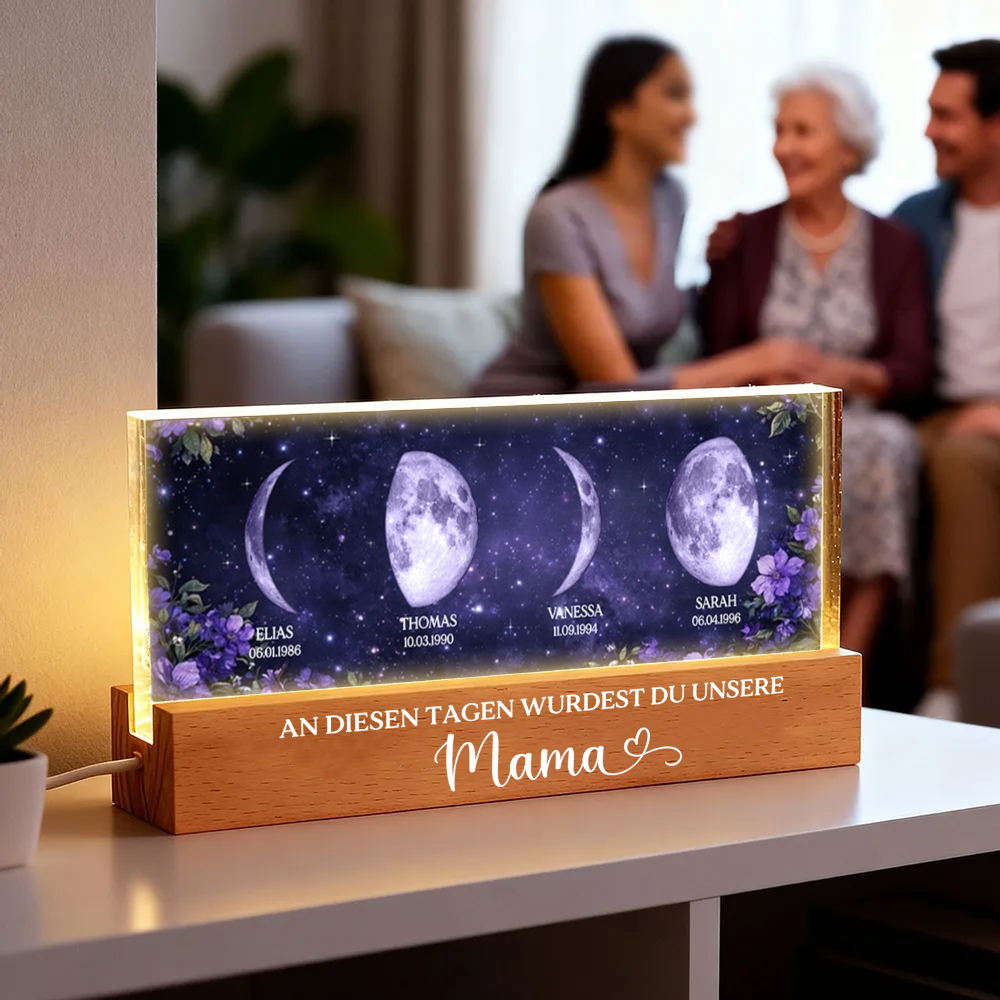Lila Blumen - Personalisiertes LED-Nachtlicht mit Mondphasen und Text Geschenk für Mama und Oma