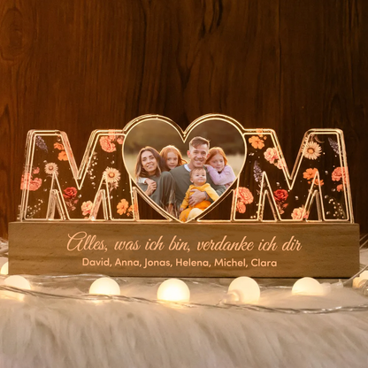 Personalisierte MOM-Nachtlicht mit Foto und Geburtsblumen für Mutter