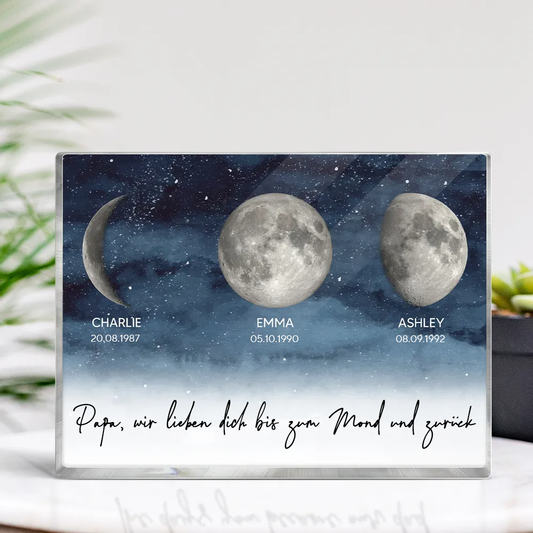 Personalisierter Acrylblock mit Mondphasen und Text Geschenk für Papa und Mama