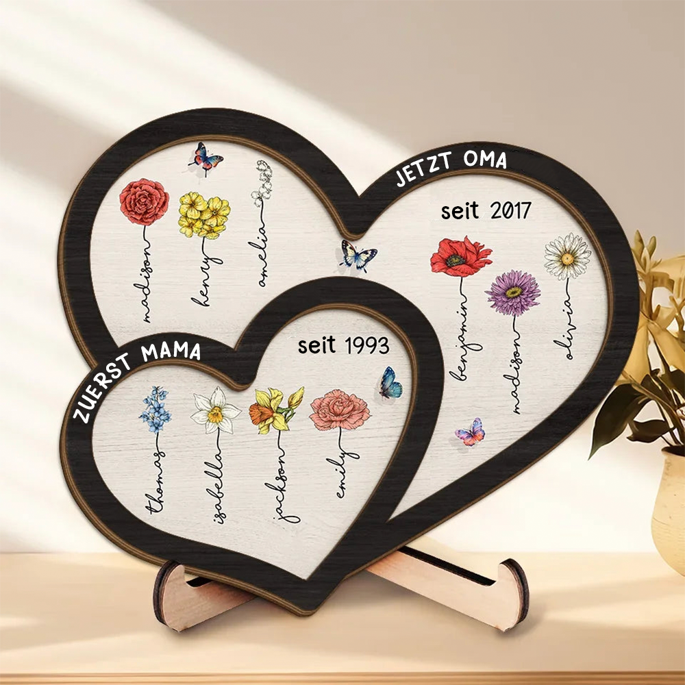 Zuerst... Jetzt...Personalisierte Doppelherz-Holztafel  mit Geburtsblumen und Namen