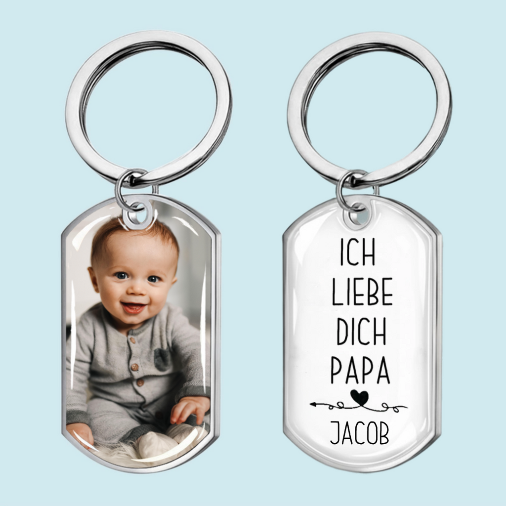 Ich liebe dich Papa/Mama - Foto Schlüsselanhänger mit Gravur Edelstahl-Schlüsselanhänger mit Expoxidharz