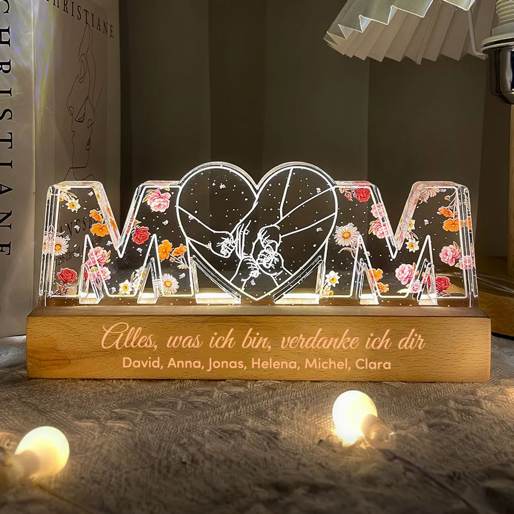 Personalisierte MOM-Nachtlicht mit Geburtsblumen und Hand-in-Hand Muster