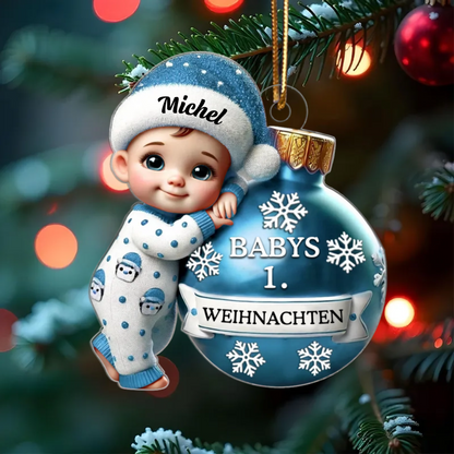 Personalisierte 2D flache Acryl Ornament-Baby hält Kugel erste Weihnachten