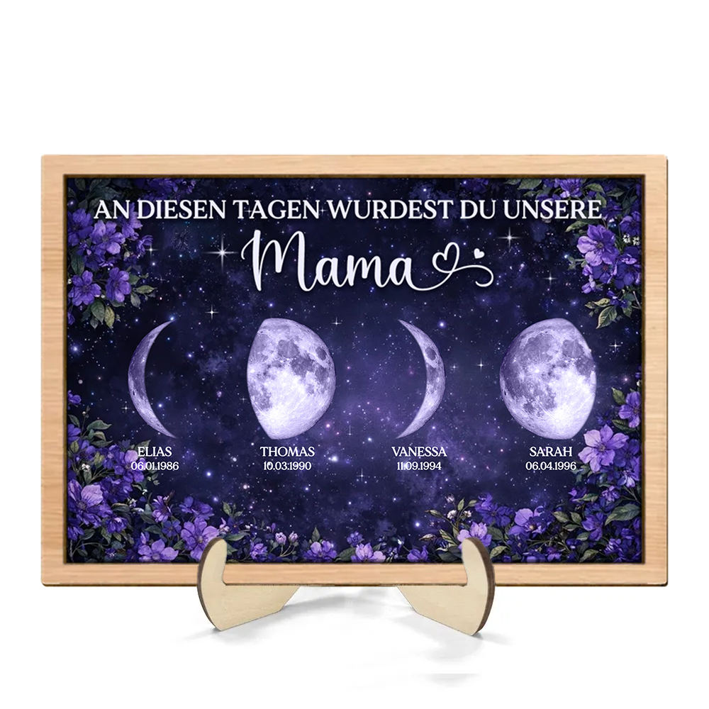 Lila Blumen und Mondphasen Personalisierter Holzaufsteller Geschenk für Mama