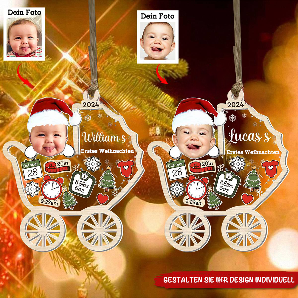 Personalisierter Weihnachtsanhänger „Erstes Weihnachten“ im Kinderwagen-Design