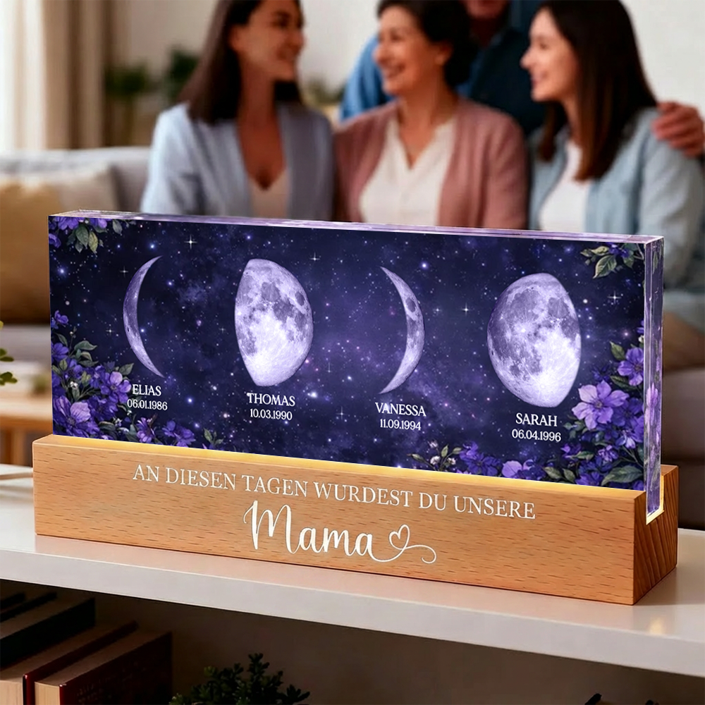 Lila Blumen - Personalisiertes LED-Nachtlicht mit Mondphasen und Text Geschenk für Mama und Oma