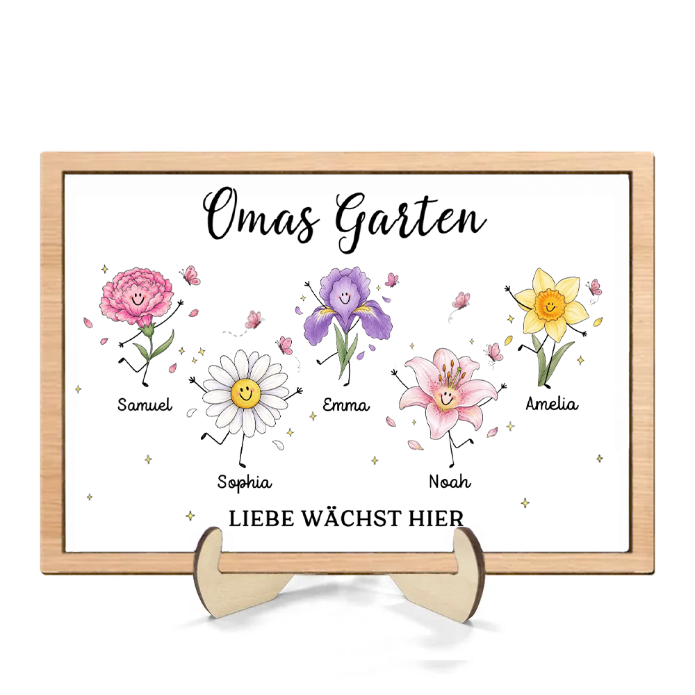 Personalisierter Holzaufsteller mit Geburtsblumen - Omas Garten