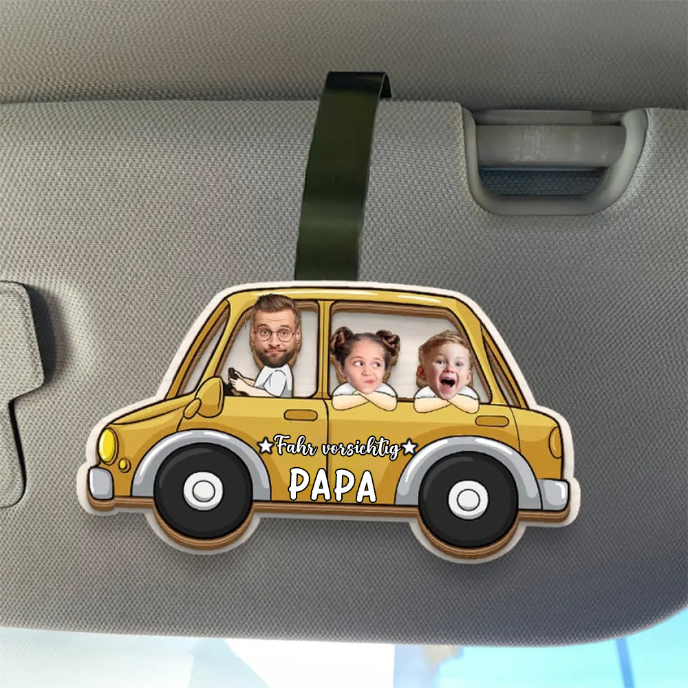 Fahr Vorsichtig- Personalisierter Sonnenblendenclip mit Foto für Fahrer, Papa und Mama