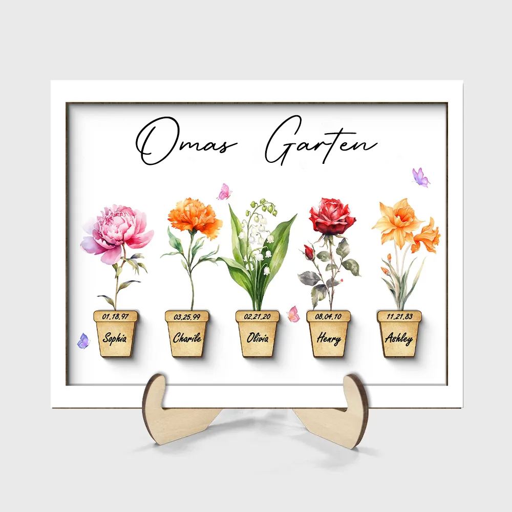 Personalisierte Holztafel mit Geburtsblumen für Oma und Mama