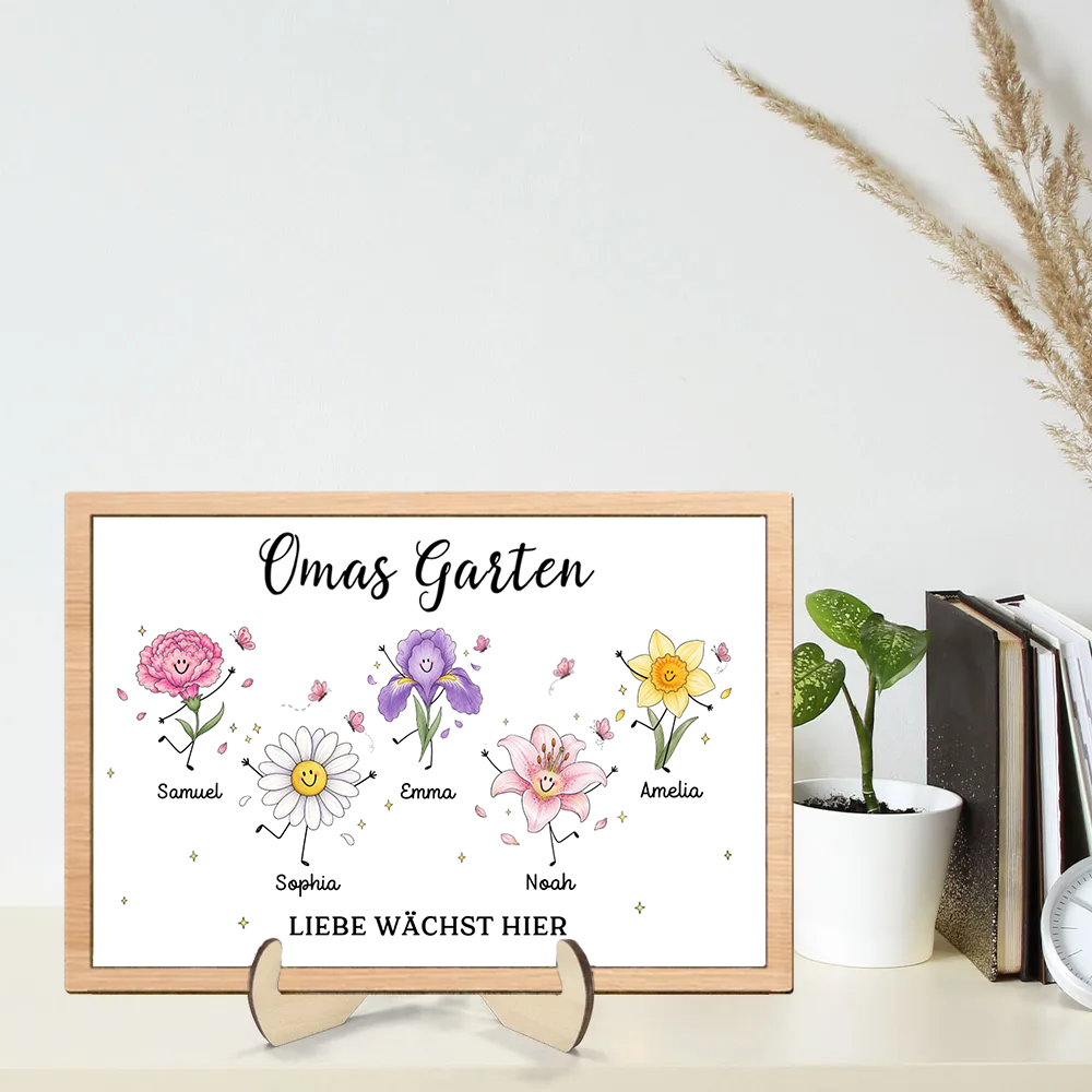 Personalisierter Holzaufsteller mit Geburtsblumen - Omas Garten