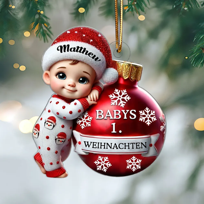 Personalisierte 2D flache Acryl Ornament-Baby hält Kugel erste Weihnachten