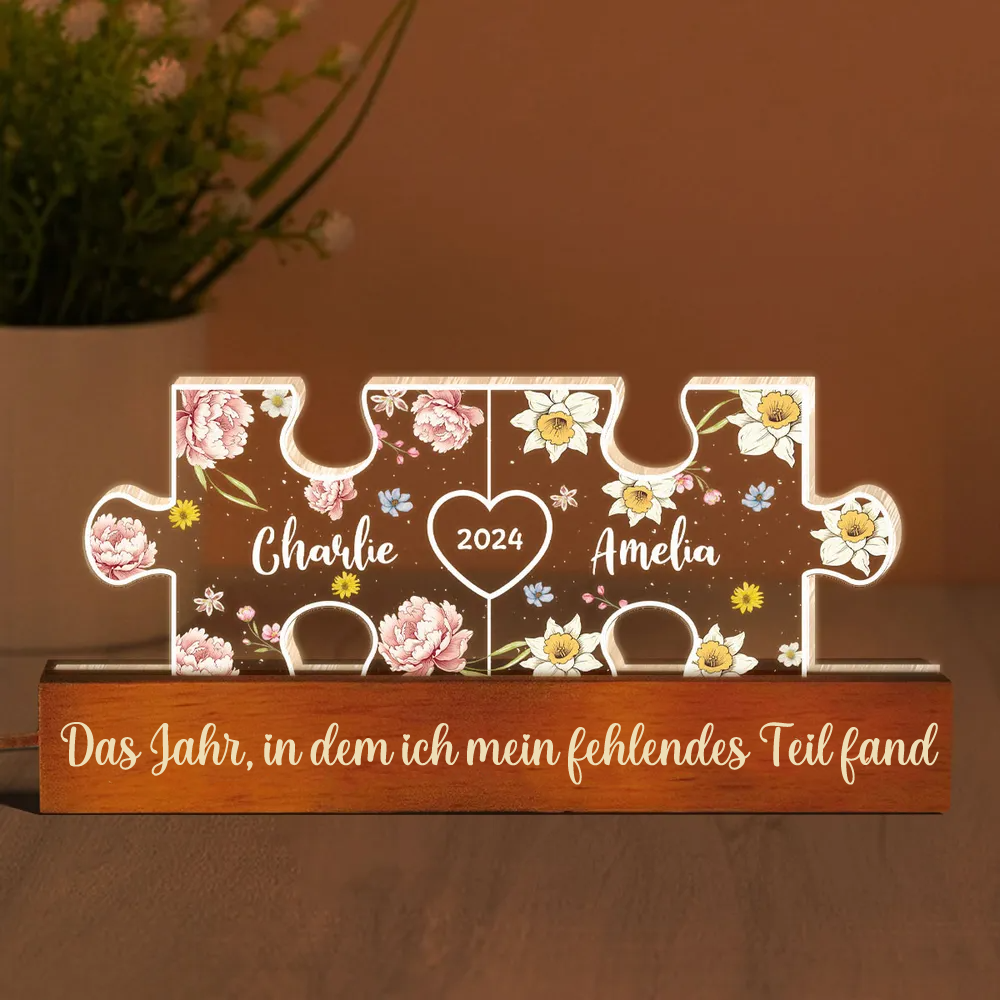 Puzzle-Personalisertes Nachtlicht mit Geburtsblumen für Liebespaar