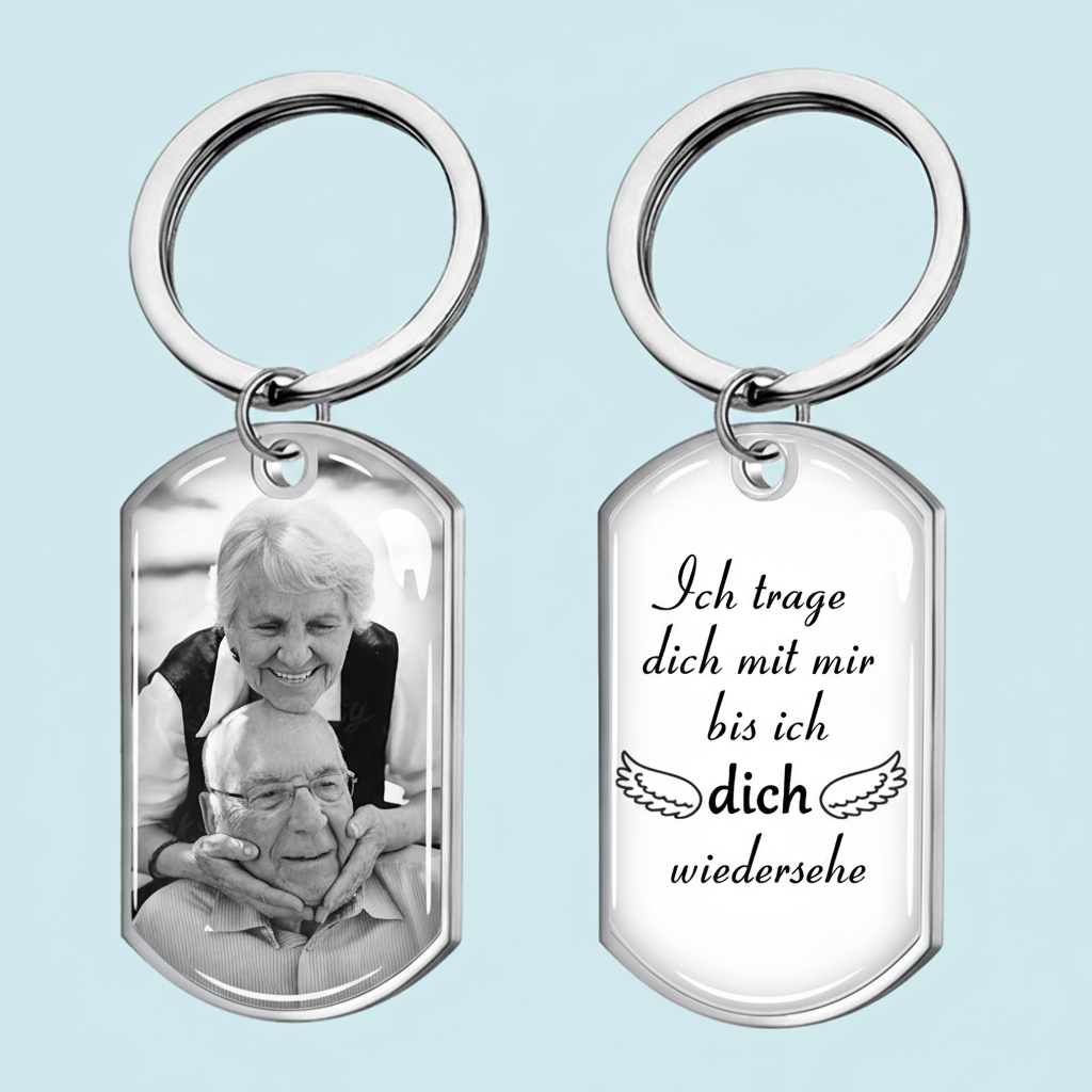 Foto Schlüsselanhänger mit Gravur Edelstahl-Schlüsselanhänger mit Expoxidharz Trauergeschenk