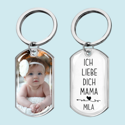 Ich liebe dich Papa/Mama - Foto Schlüsselanhänger mit Gravur Edelstahl-Schlüsselanhänger mit Expoxidharz