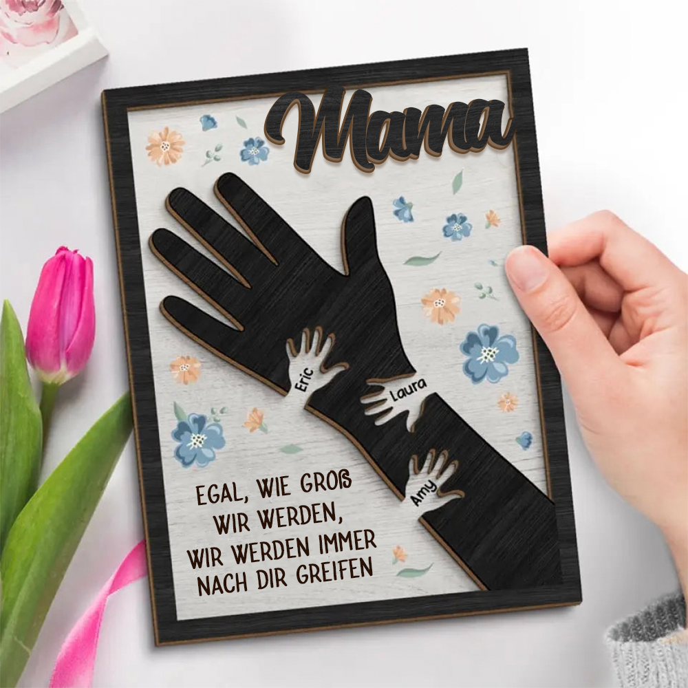 Personalisierte Holztafel mit Hände für Mama und Oma