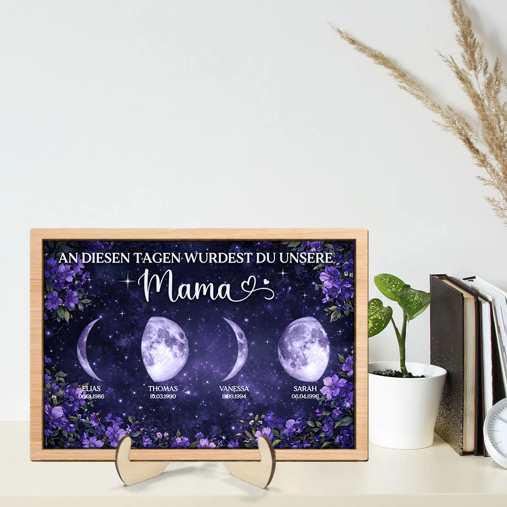 Lila Blumen und Mondphasen Personalisierter Holzaufsteller Geschenk für Mama