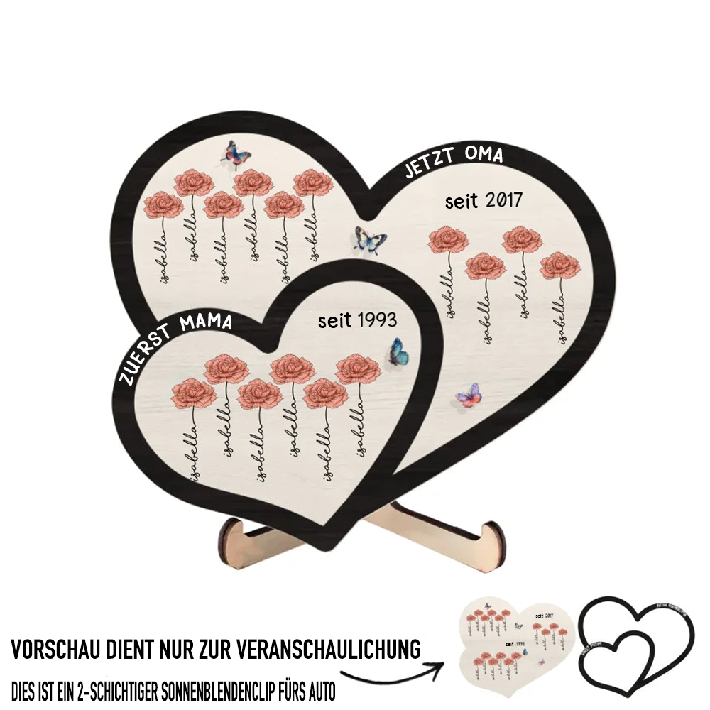 Zuerst... Jetzt...Personalisierte Doppelherz-Holztafel  mit Geburtsblumen und Namen