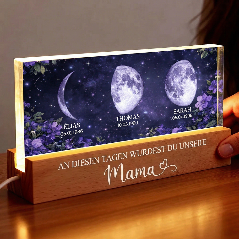 Lila Blumen - Personalisiertes LED-Nachtlicht mit Mondphasen und Text Geschenk für Mama und Oma