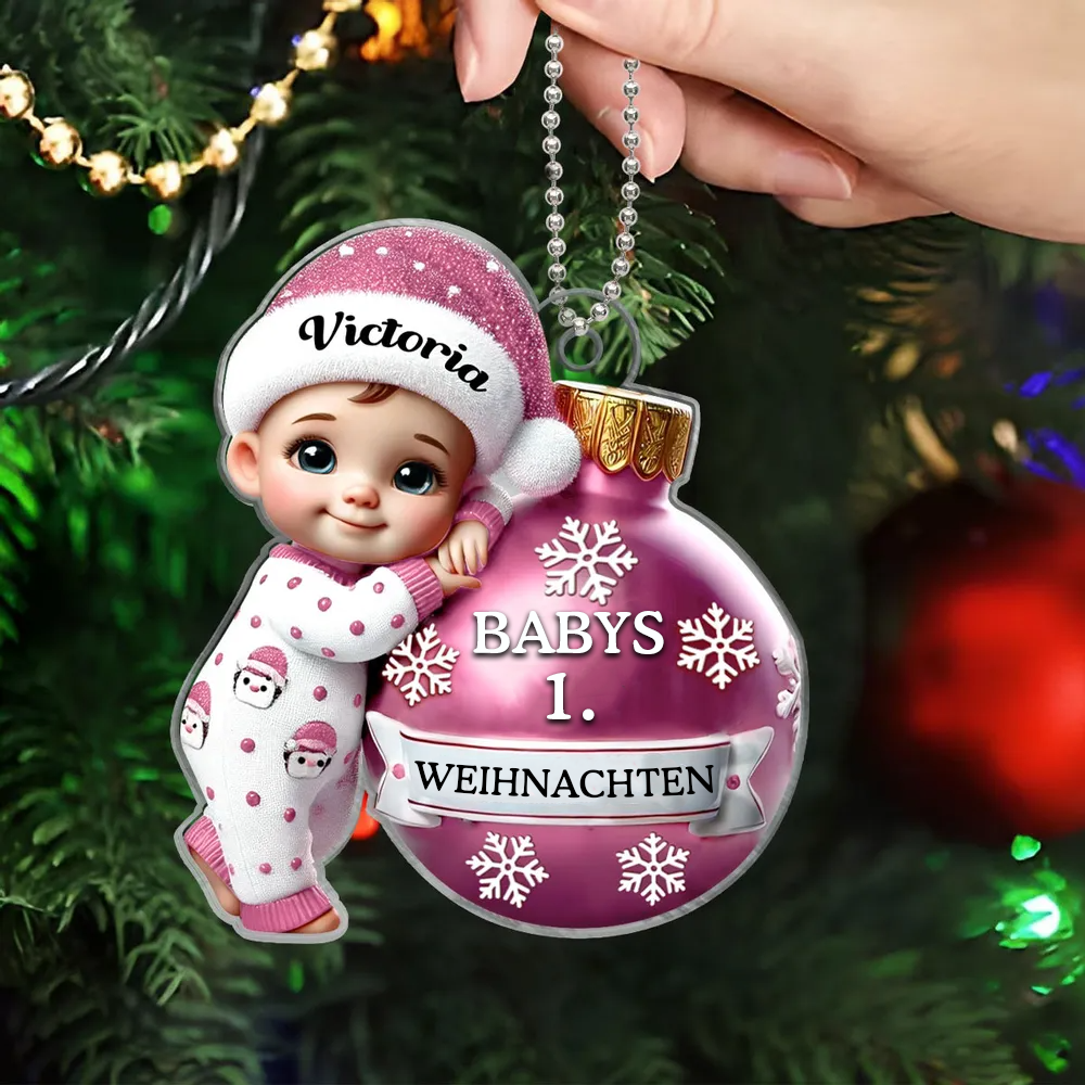 Personalisierte 2D flache Acryl Ornament-Baby hält Kugel erste Weihnachten