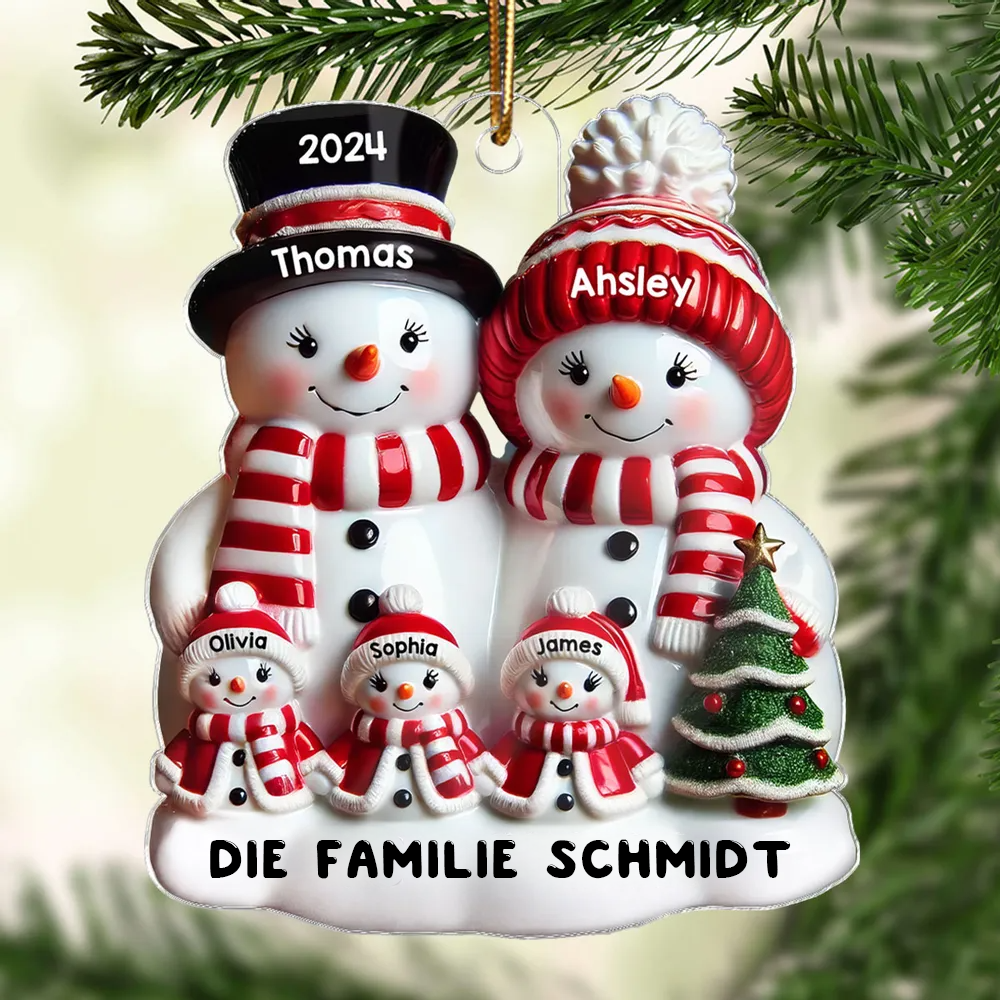 Schneemann-Familie Glanzeffekt Weihnachtsdekoration – Personalisierter Acrylanhänger