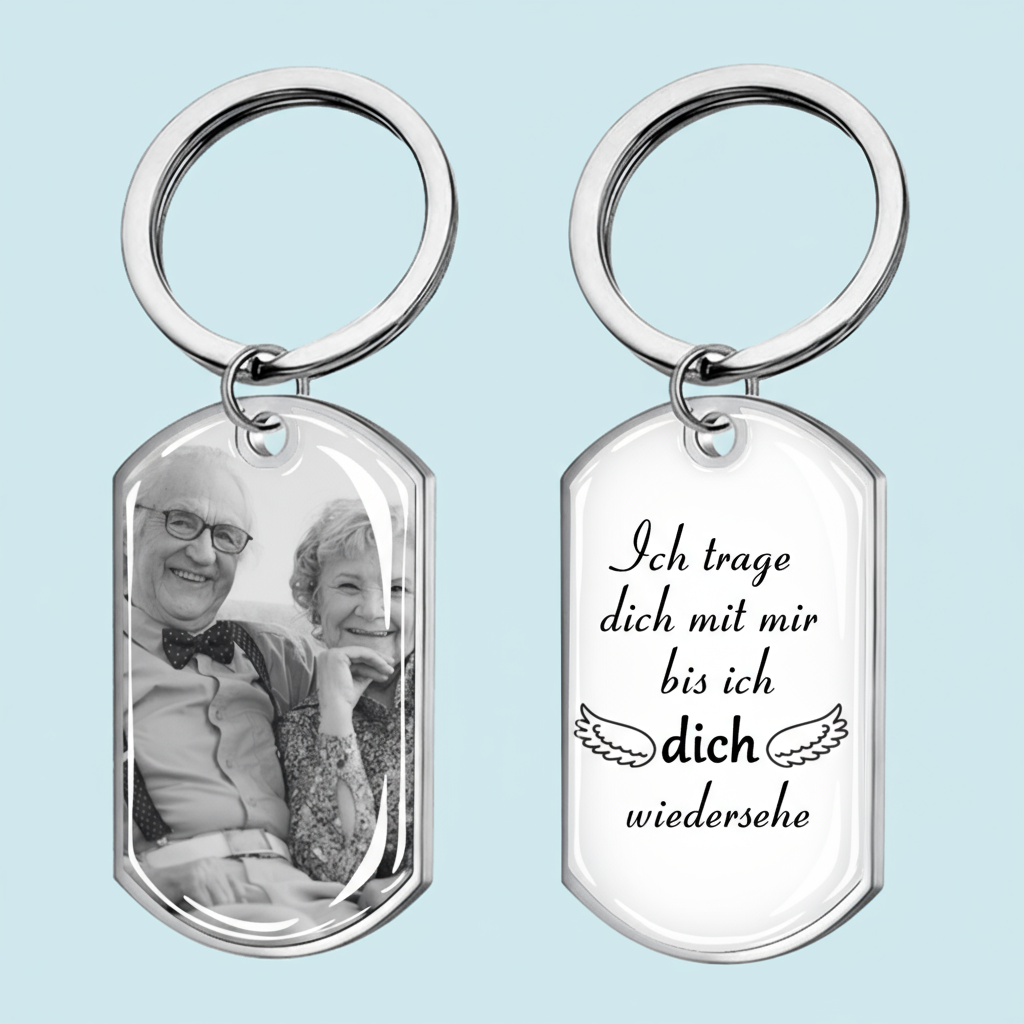 Foto Schlüsselanhänger mit Gravur Edelstahl-Schlüsselanhänger mit Expoxidharz Trauergeschenk