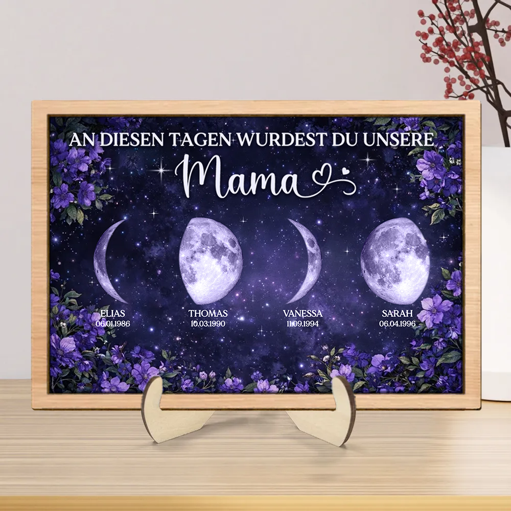 Lila Blumen und Mondphasen Personalisierter Holzaufsteller Geschenk für Mama