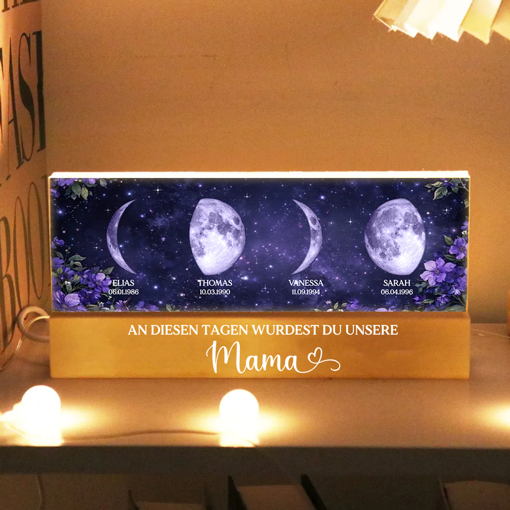 Lila Blumen - Personalisiertes LED-Nachtlicht mit Mondphasen und Text Geschenk für Mama und Oma