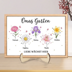 Personalisierter Holzaufsteller mit Geburtsblumen - Omas Garten