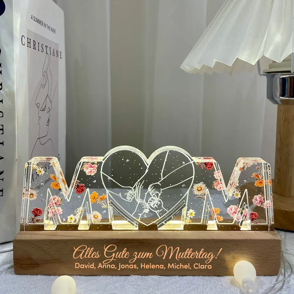 Personalisierte MOM-Nachtlicht mit Geburtsblumen und Hand-in-Hand Muster