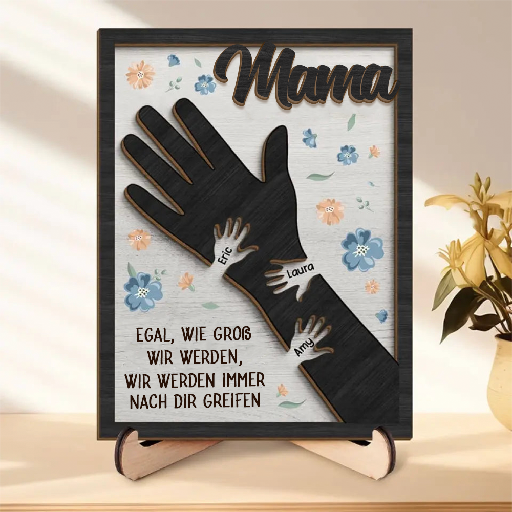 Personalisierte Holztafel mit Hände für Mama und Oma